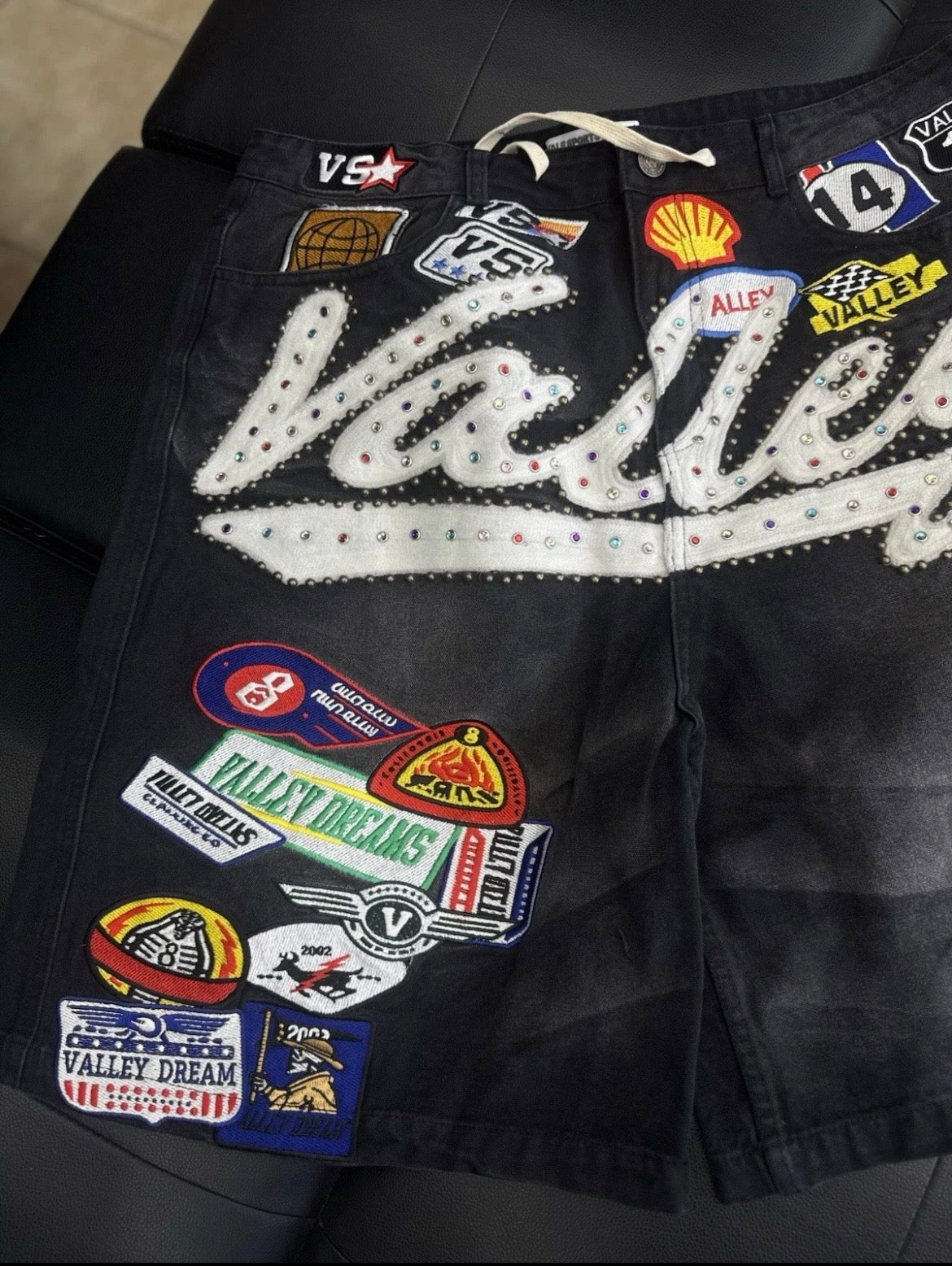 Valley Black Denim Patchwork Shorts